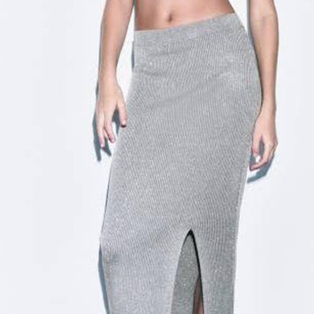 Zara Silver Metallic Thread Skirt (Set) Rib Knit